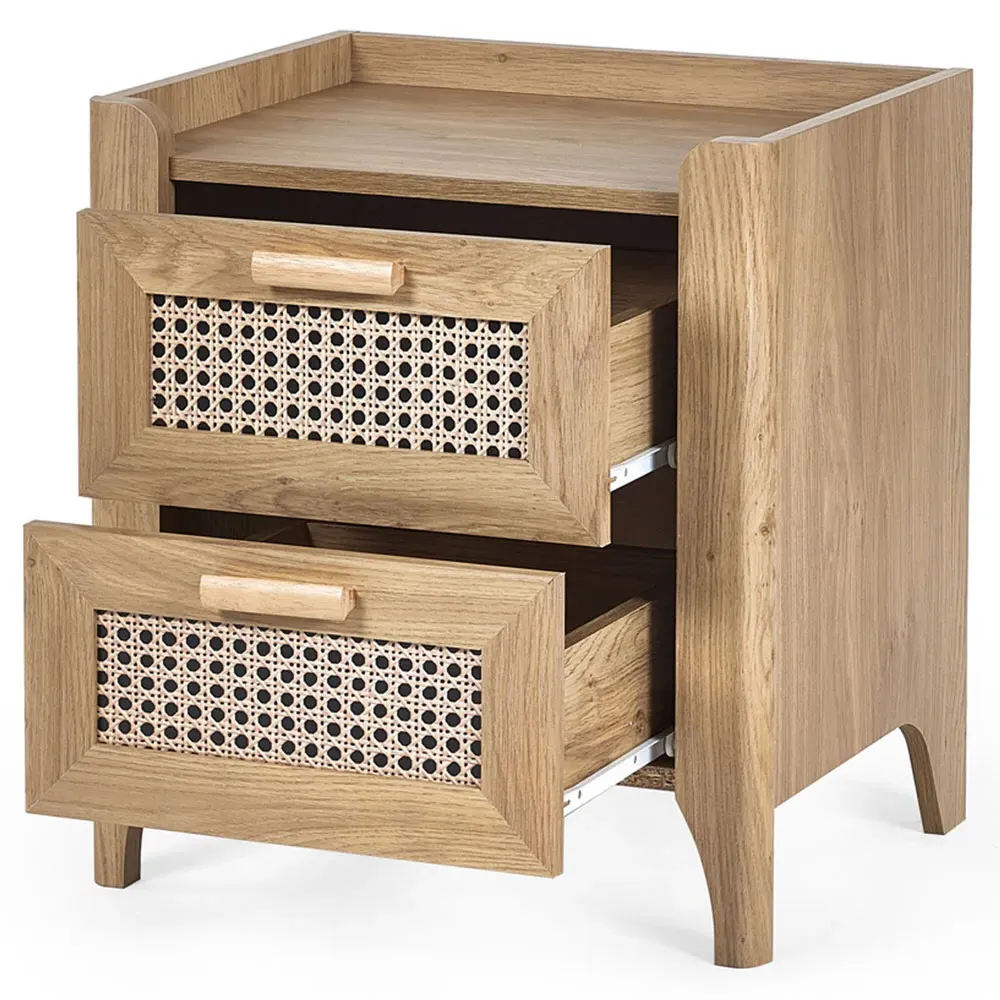 Sydney 2 Drawer Bedside Table - Oak, Rattan Effect