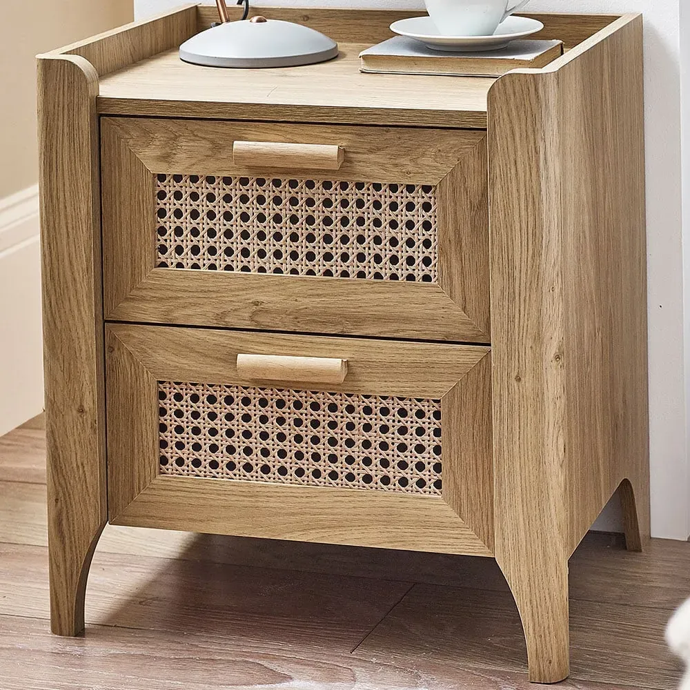 Sydney 2 Drawer Bedside Table - Oak, Rattan Effect