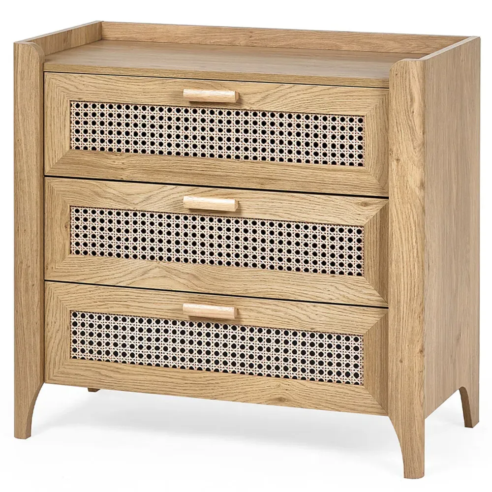 Sydney 3 Drawer Chest with Rattan Effect - Oak