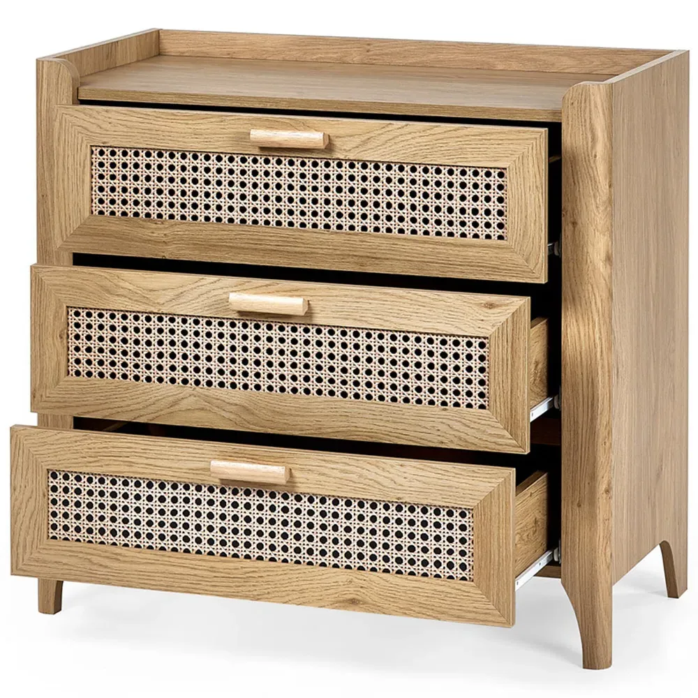 Sydney 3 Drawer Chest with Rattan Effect - Oak