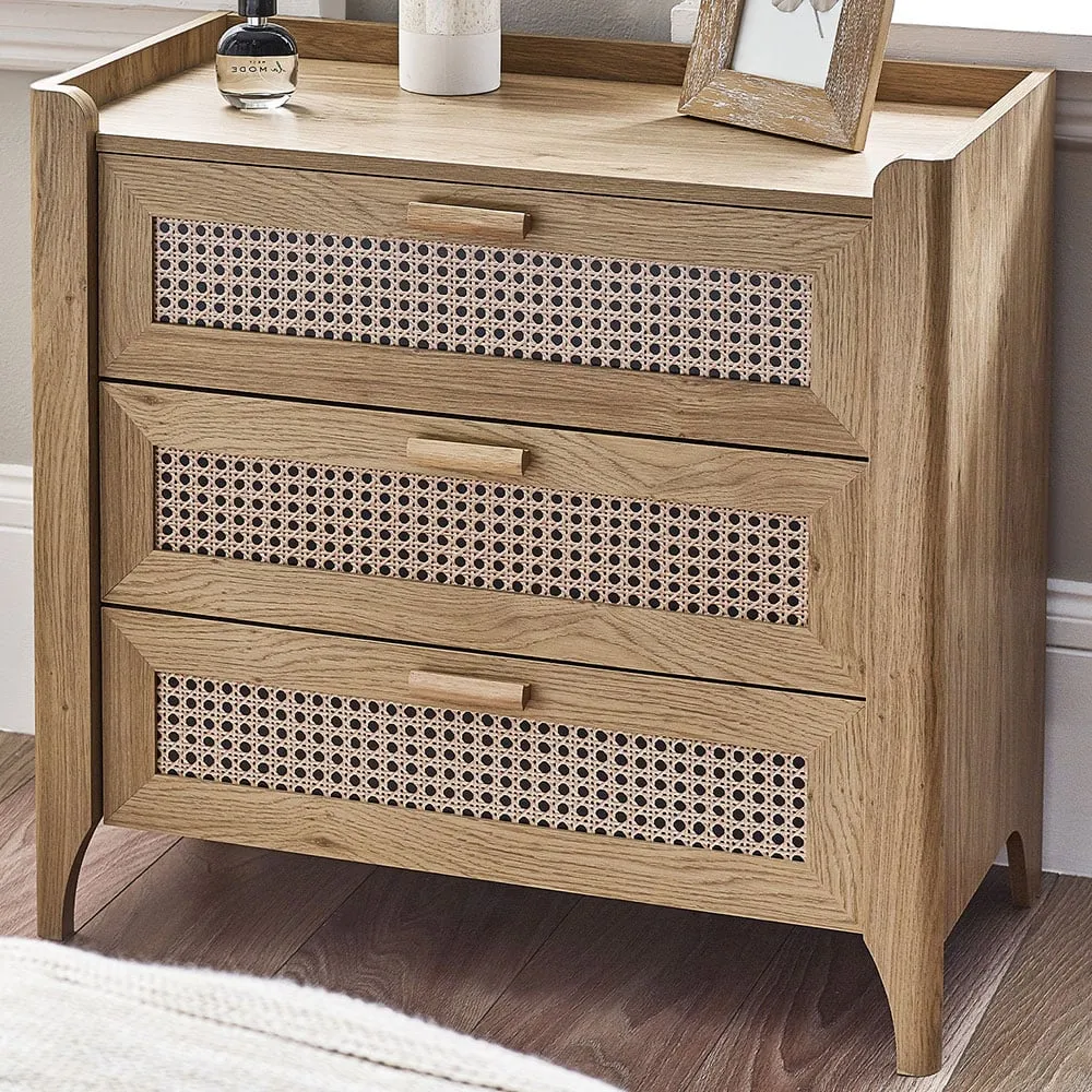 Sydney 3 Drawer Chest with Rattan Effect - Oak