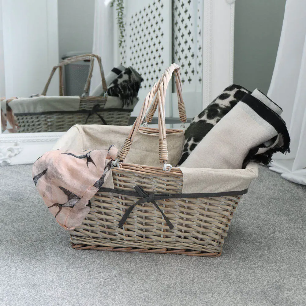 Arianna Rectangular Willow Shopping Basket - Grey