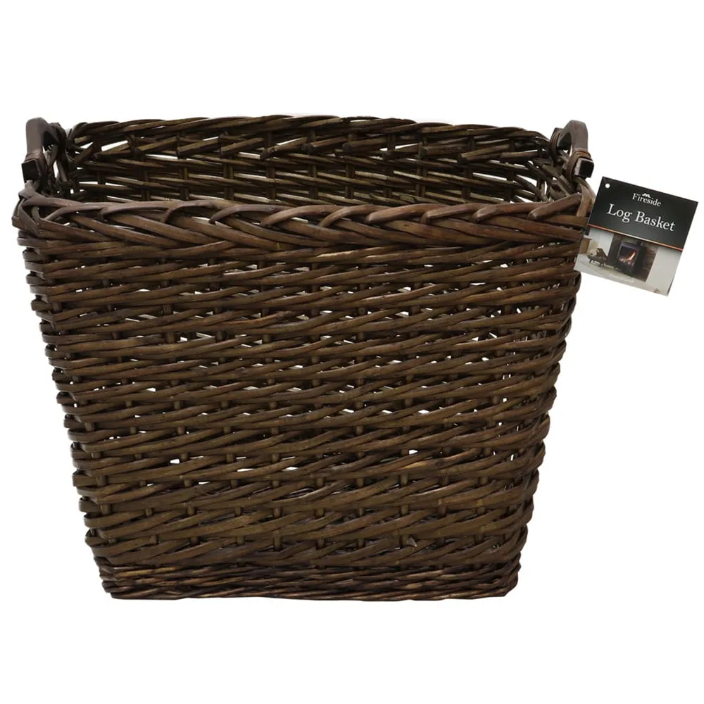 Dark Willow Log Basket with Metal Handles - Brown