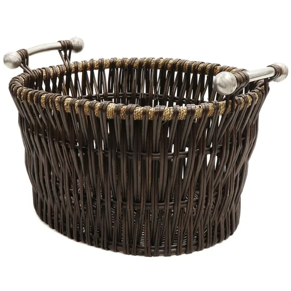 Dark Willow Log Basket with Metal Handles - Brown