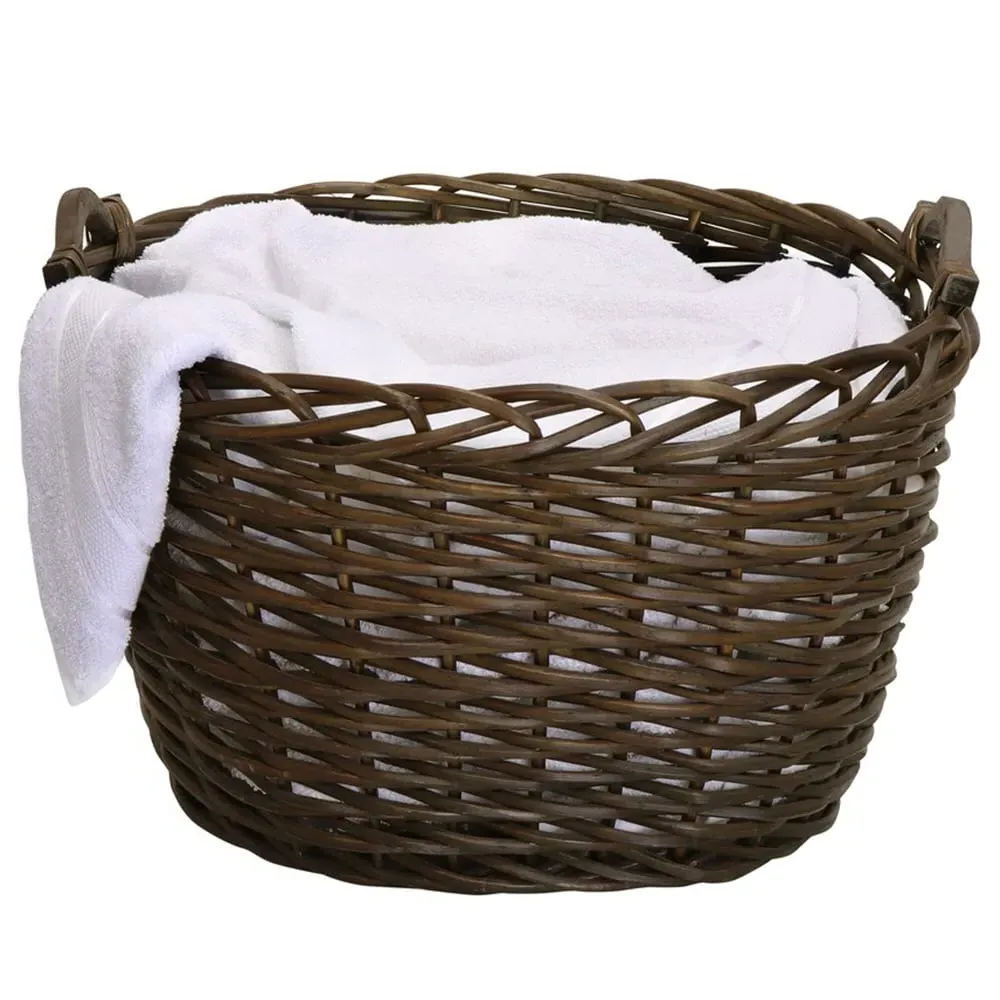 Dark Willow Log Basket with Metal Handles - Brown