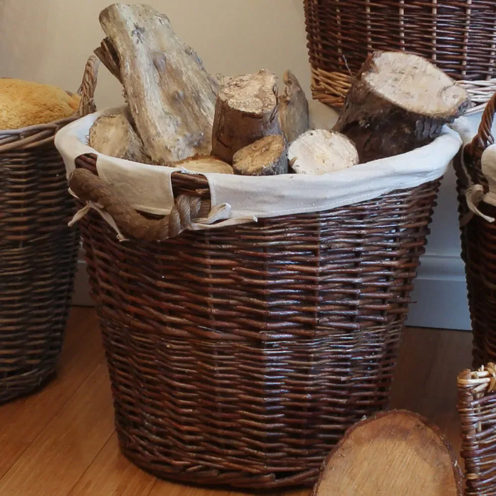 JVL Medium Round Log Basket with Liner - Brown, Willow