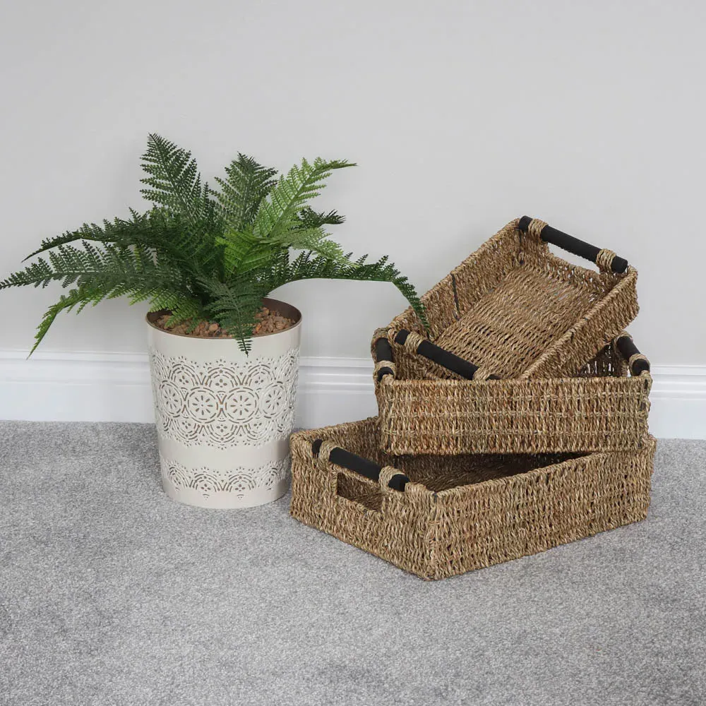 Rectangular Storage Baskets with Wooden Handles 3 Pack - Natural