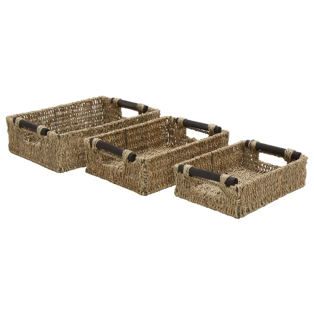 Rectangular Storage Baskets with Wooden Handles 3 Pack - Natural