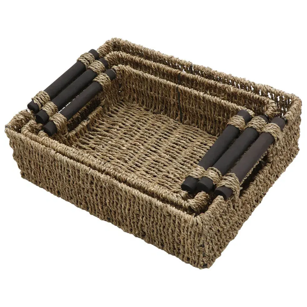 Rectangular Storage Baskets with Wooden Handles 3 Pack - Natural