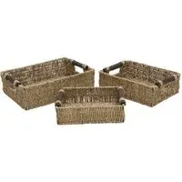 Rectangular Storage Baskets with Wooden Handles 3 Pack - Natural