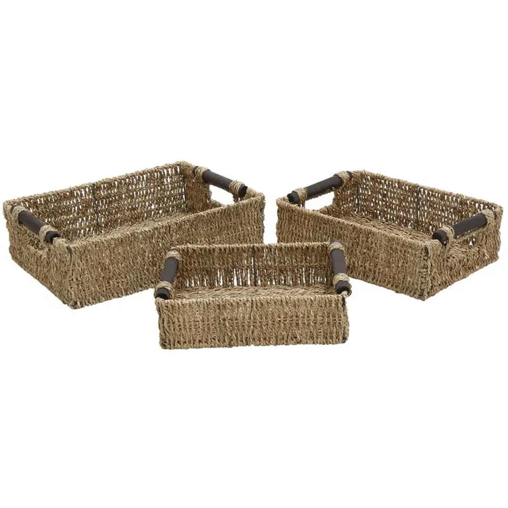 Rectangular Storage Baskets with Wooden Handles 3 Pack - Natural