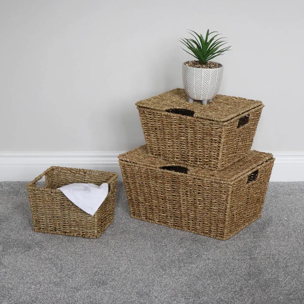 Seagrass Rectangular Storage Baskets with Lids 3 Pack