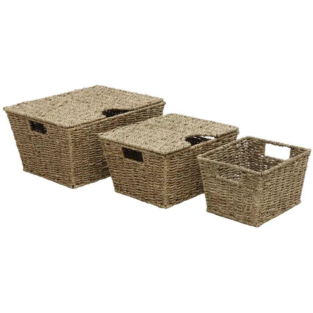 Seagrass Rectangular Storage Baskets with Lids 3 Pack