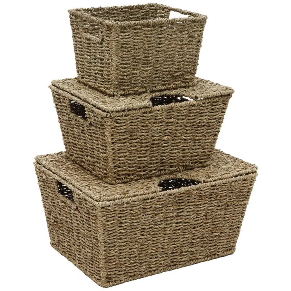 Seagrass Rectangular Storage Baskets with Lids 3 Pack