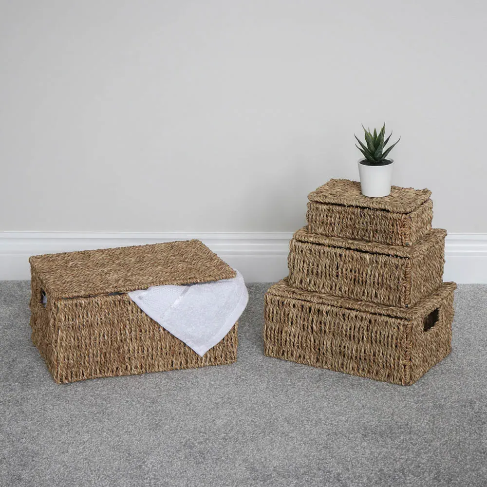 Seagrass Rectangular Storage Baskets with Lids 4 Pack