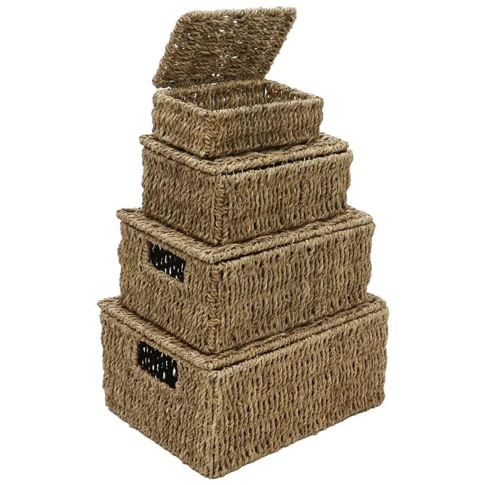 Seagrass Rectangular Storage Baskets with Lids 4 Pack image