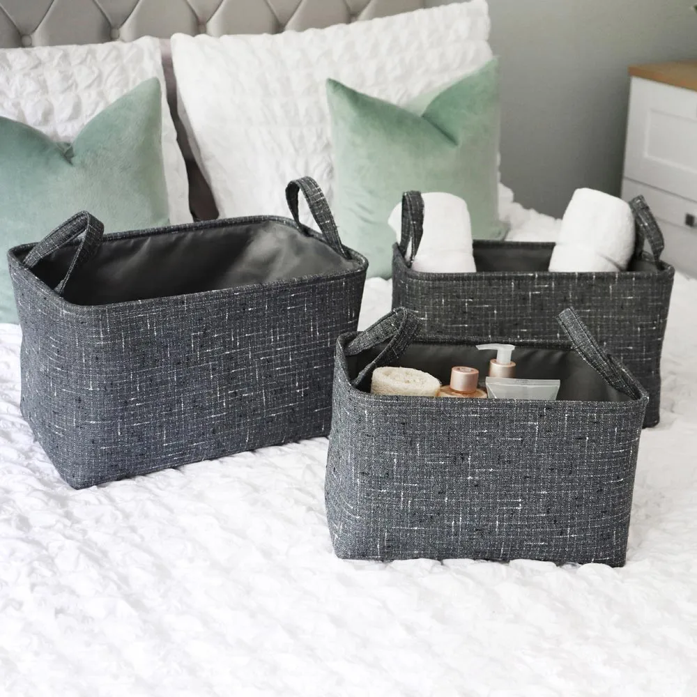 Shadow Rectangular Fabric Storage Baskets with Handles 3 Pack - Charcoal Grey