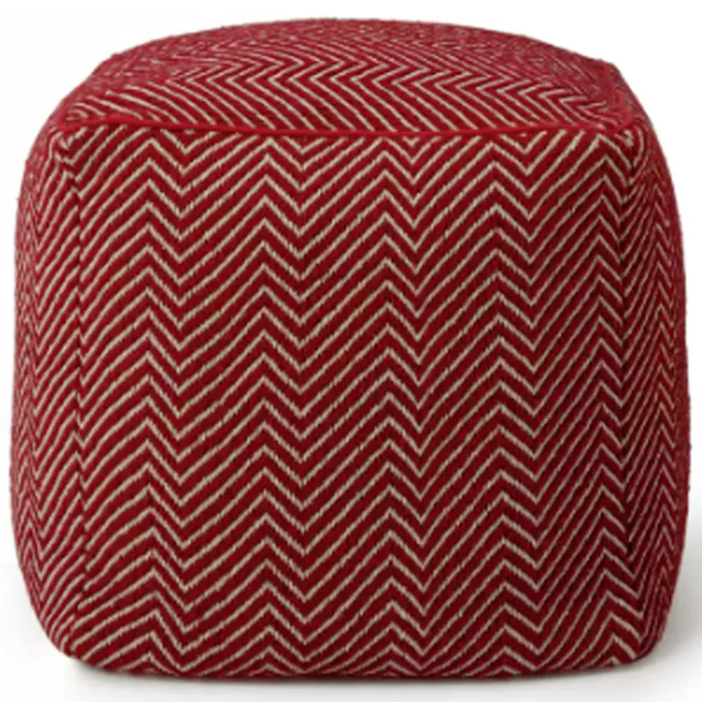 Cheveron Woven Dhurrie Cube Pouffe - Red, Cotton