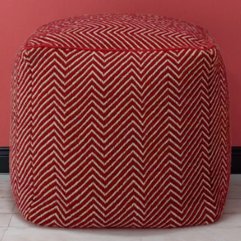 Cheveron Woven Dhurrie Cube Pouffe - Red, Cotton