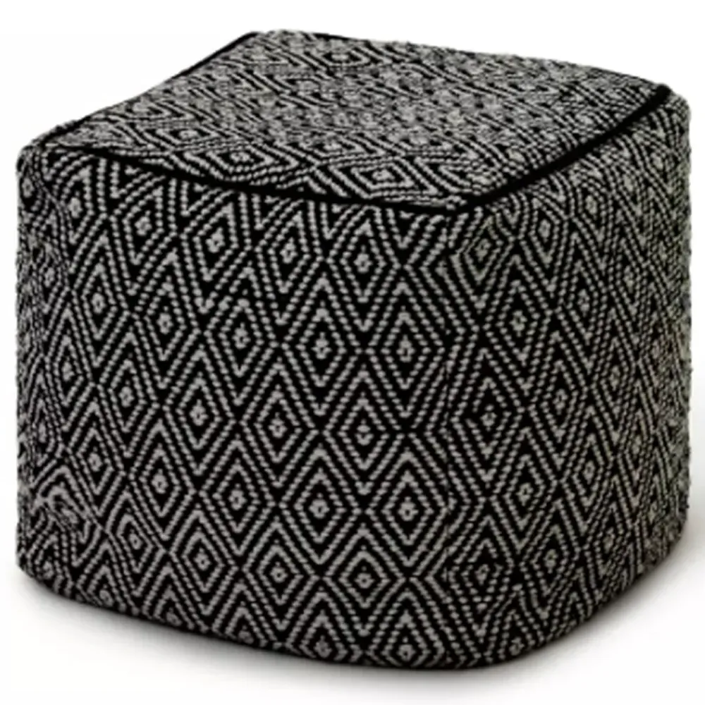 Diamond Woven Dhurrie Cube Pouffe - Black, Cotton