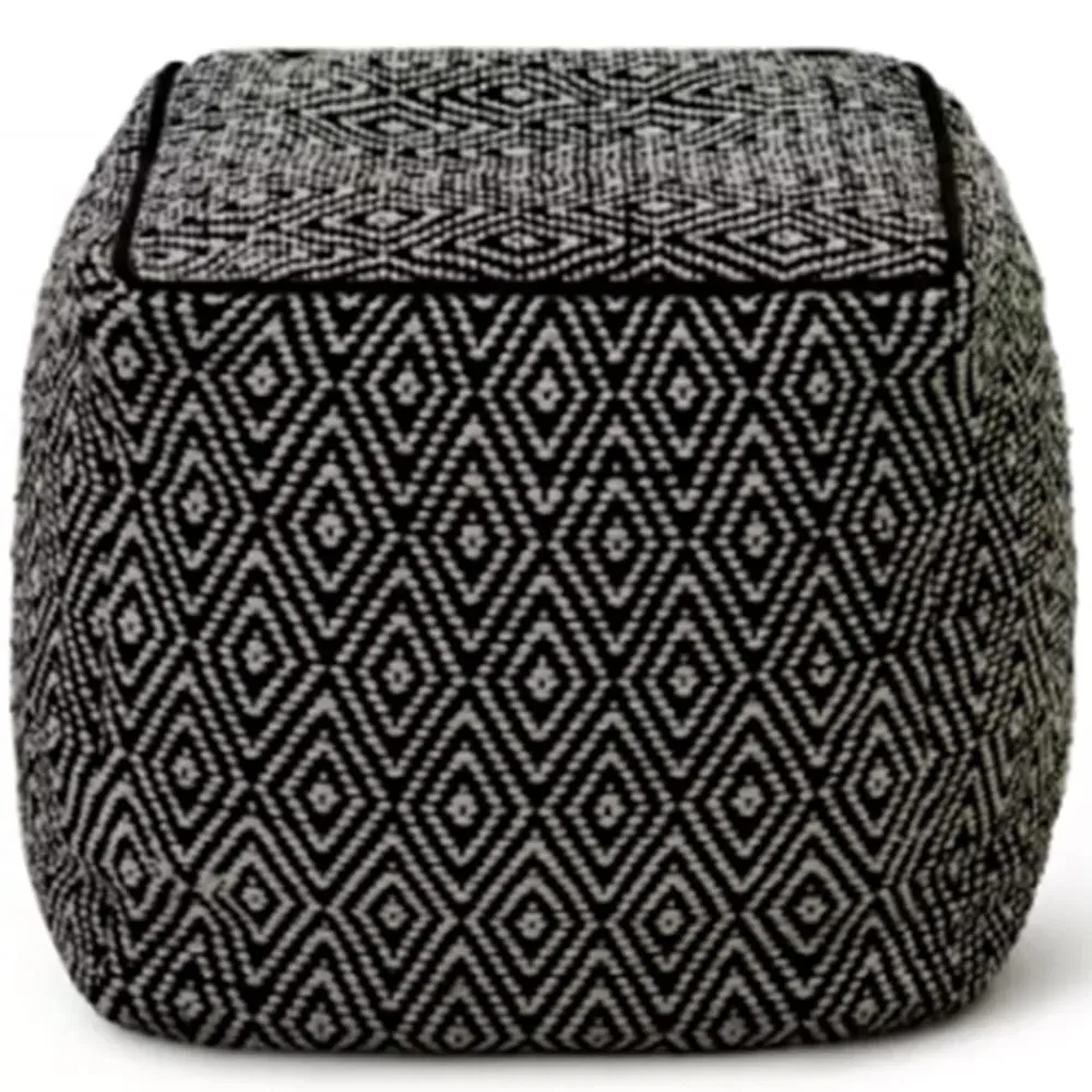 Diamond Woven Dhurrie Cube Pouffe - Black, Cotton