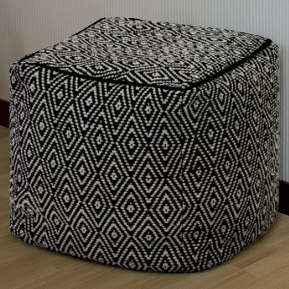 Diamond Woven Dhurrie Cube Pouffe - Black, Cotton image
