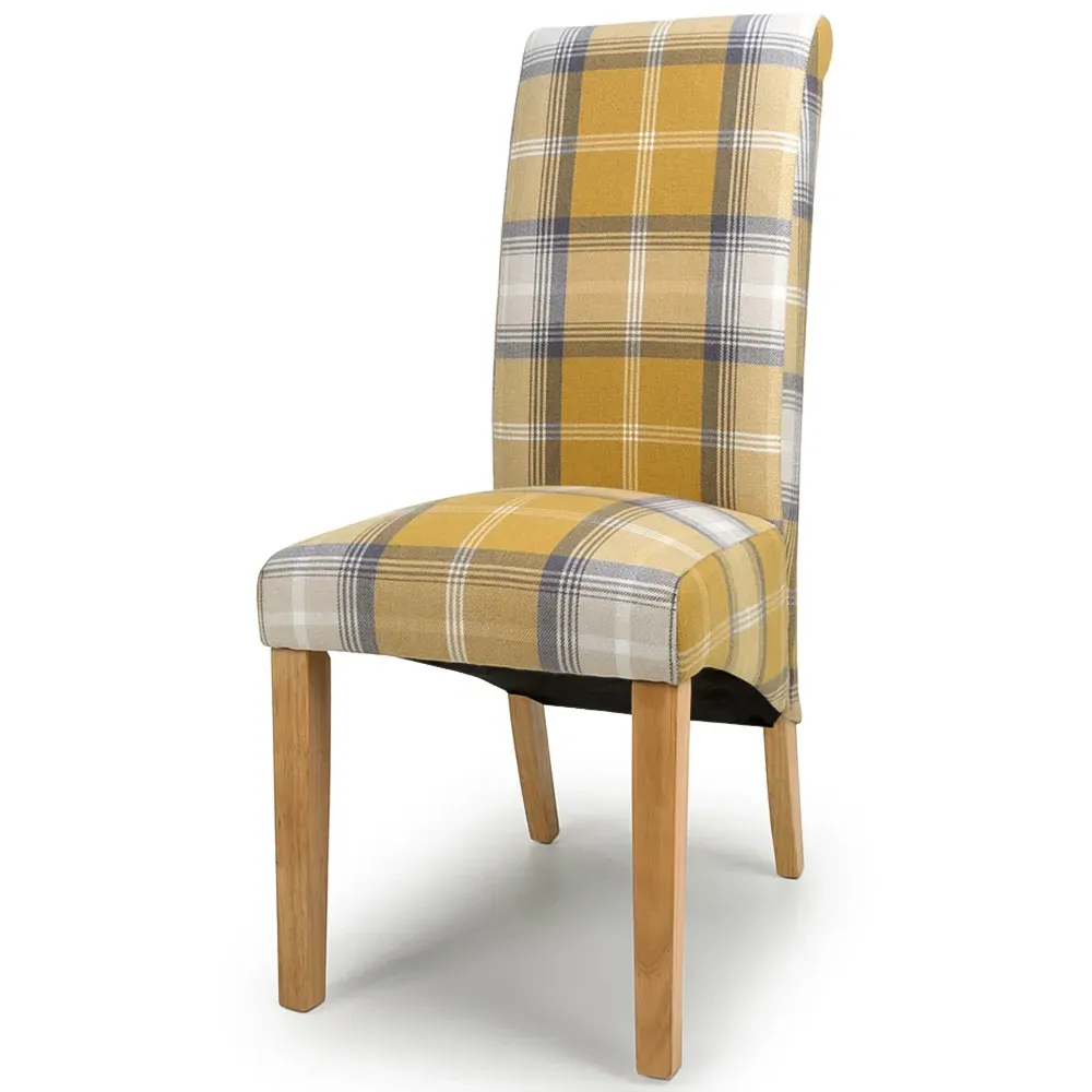 Set of 2 Dining Chairs - Yellow, Check Fabric