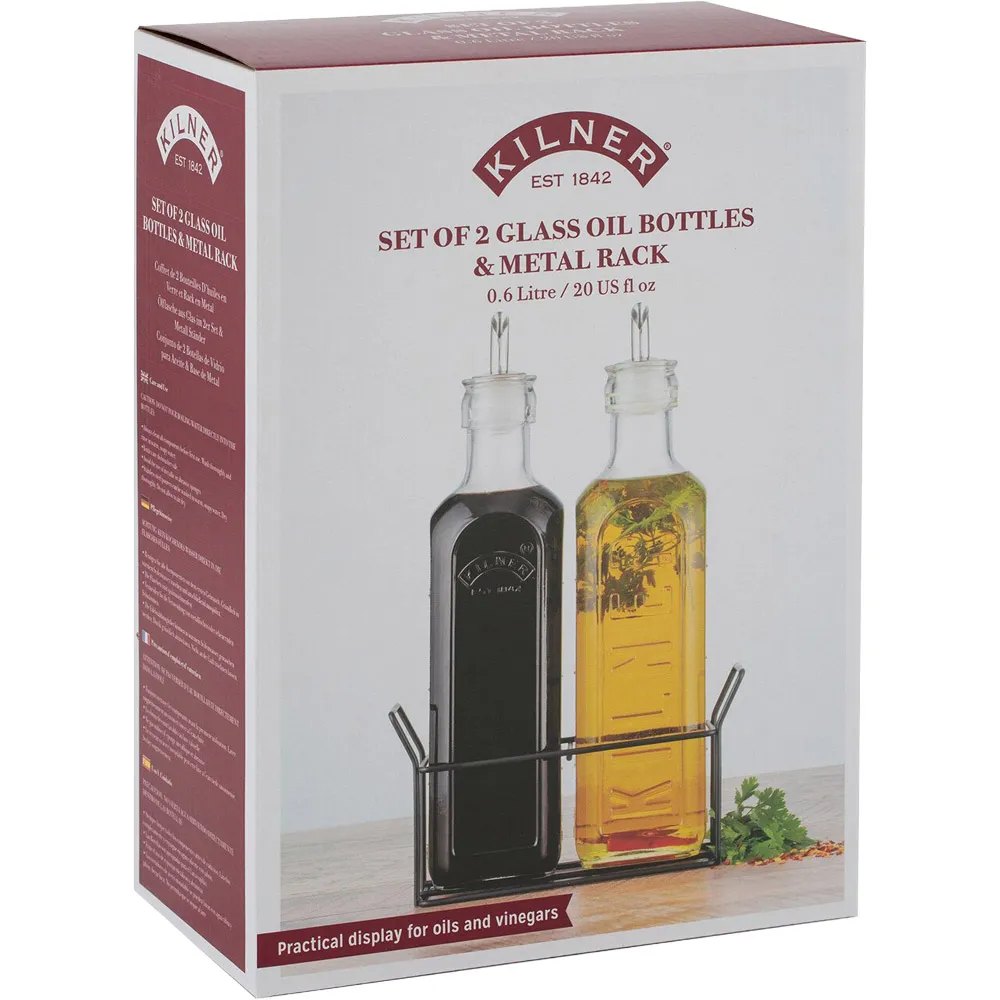 Set of 2 Oil Bottles with Metal Rack - Clear