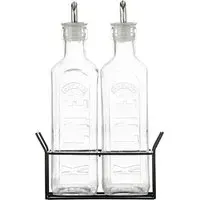 Set of 2 Oil Bottles with Metal Rack - Clear