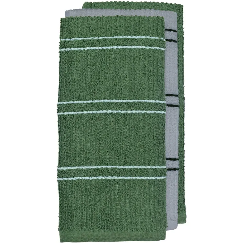 Green Ripple Stripes Tea Towel 3 Pack - Green, Cotton
