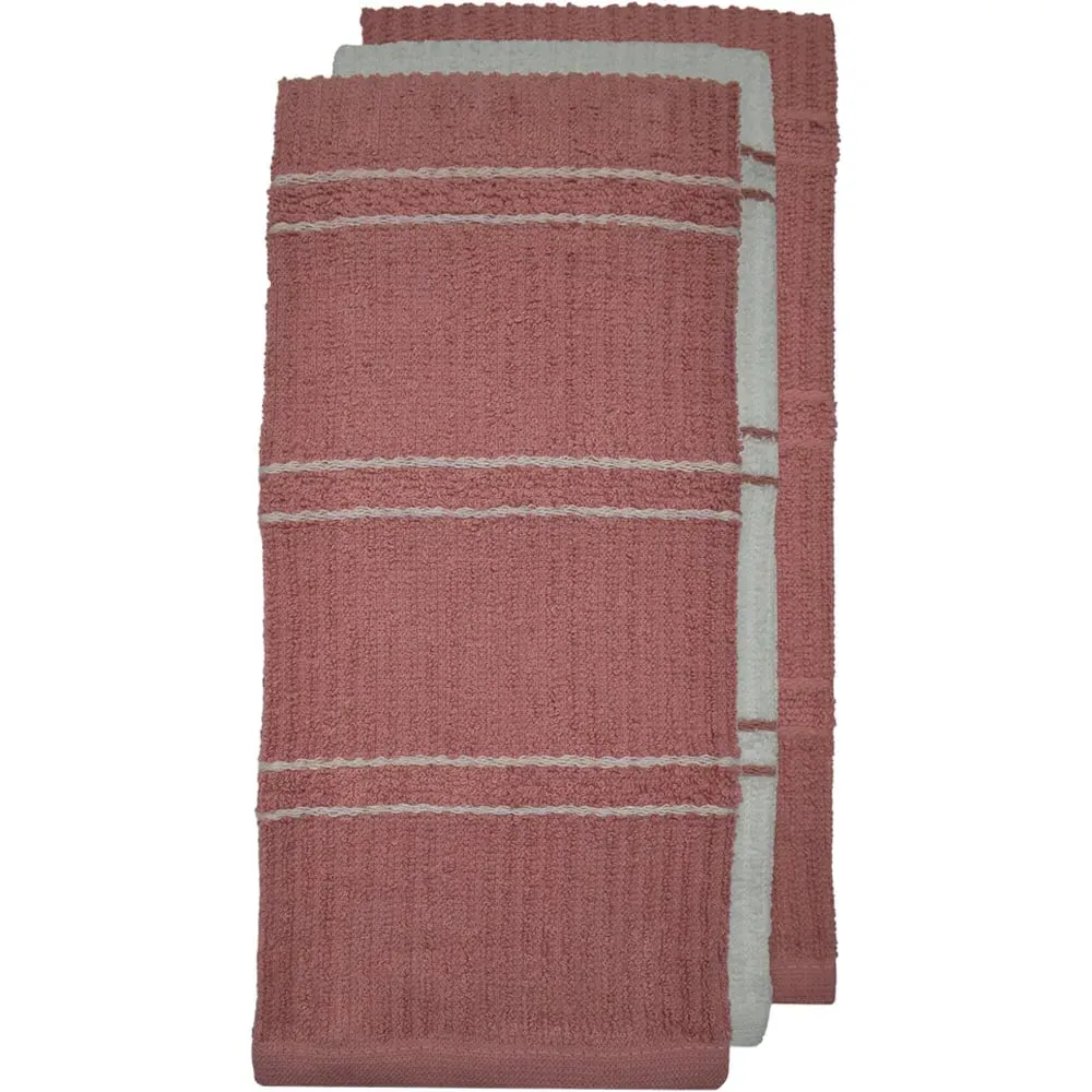 Green Ripple Stripes Tea Towel 3 Pack - Pink, Cotton