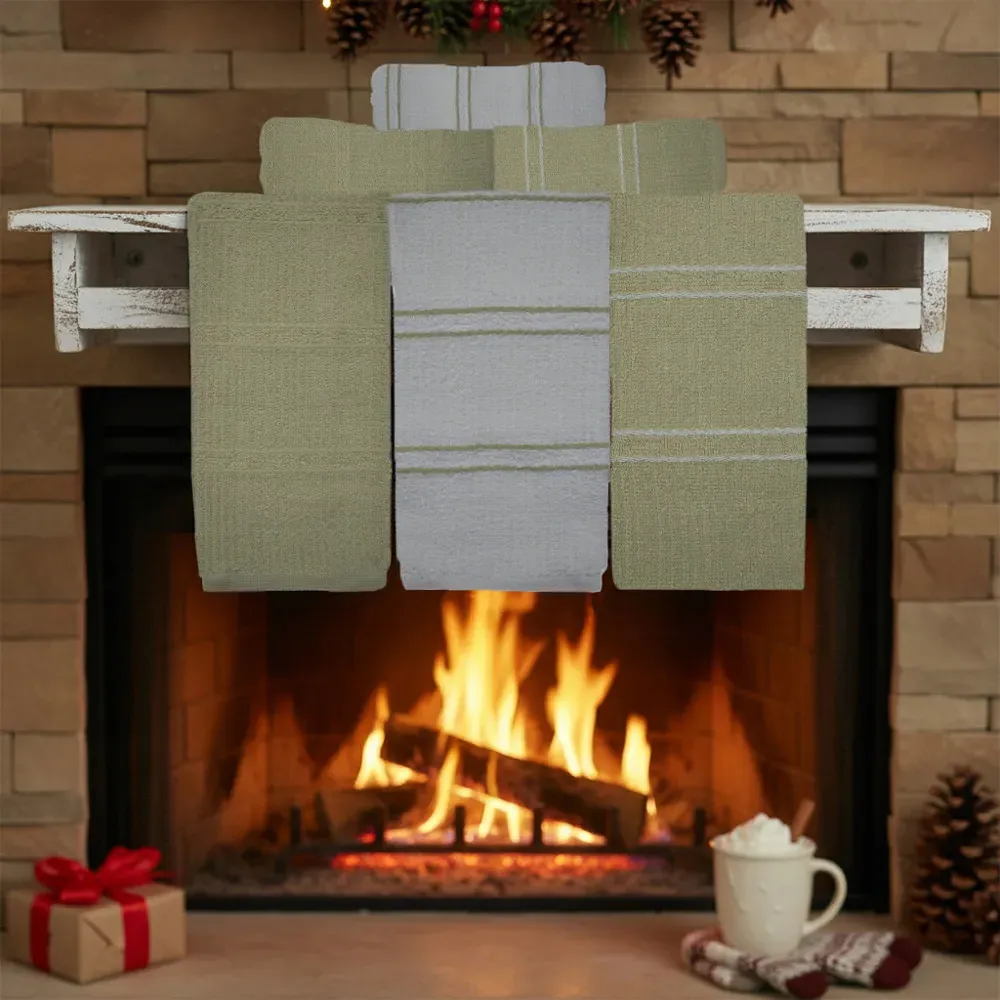 Green Ripple Stripes Tea Towel 3 Pack - Taupe, Cotton