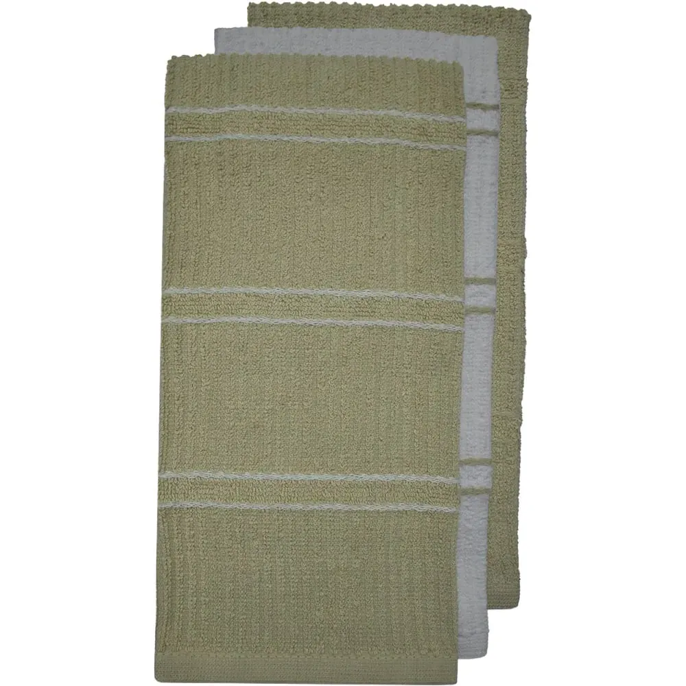 Green Ripple Stripes Tea Towel 3 Pack - Taupe, Cotton