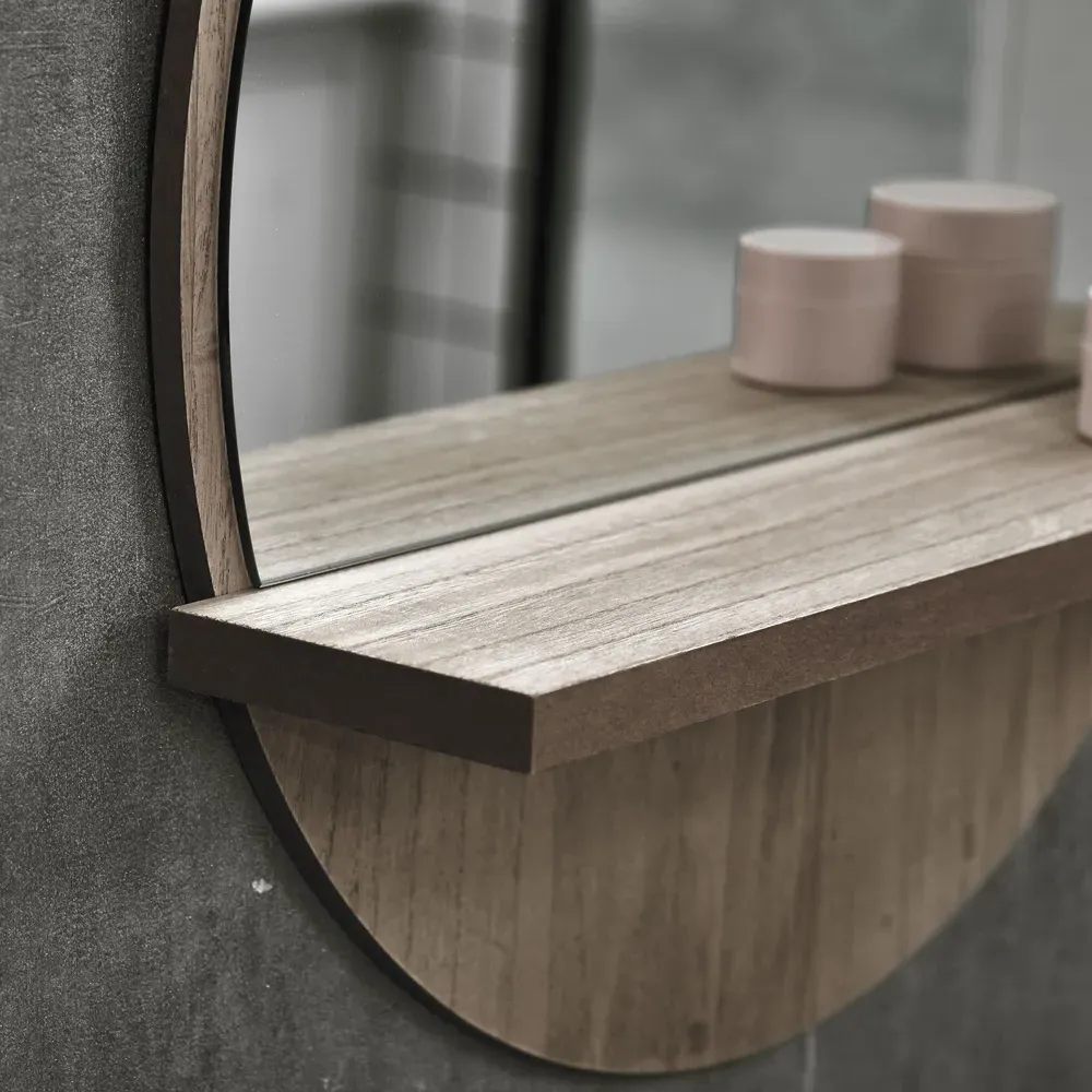 Round Makeup Mirror with Shelf - Grey, Wood Effect