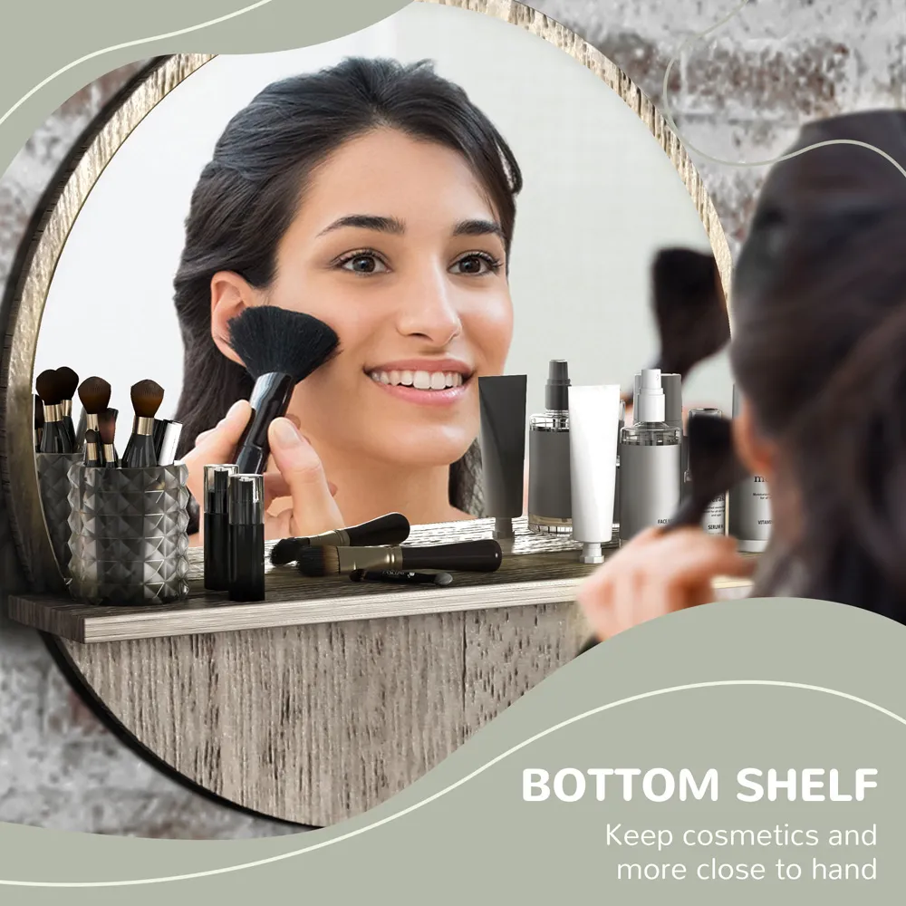 Round Makeup Mirror with Shelf - Grey, Wood Effect