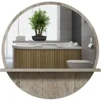 Round Makeup Mirror with Shelf - Grey, Wood Effect