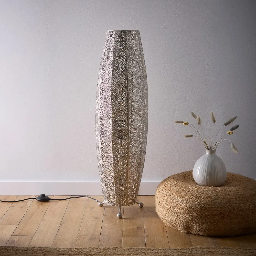 Aziza Moroccan Style Floor Lamp - Silver, Satin Nickel