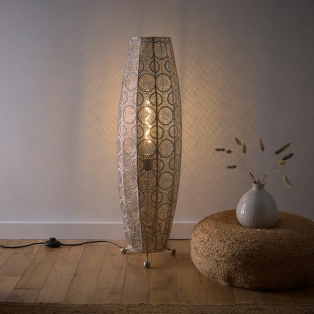 Aziza Moroccan Style Floor Lamp - Silver, Satin Nickel