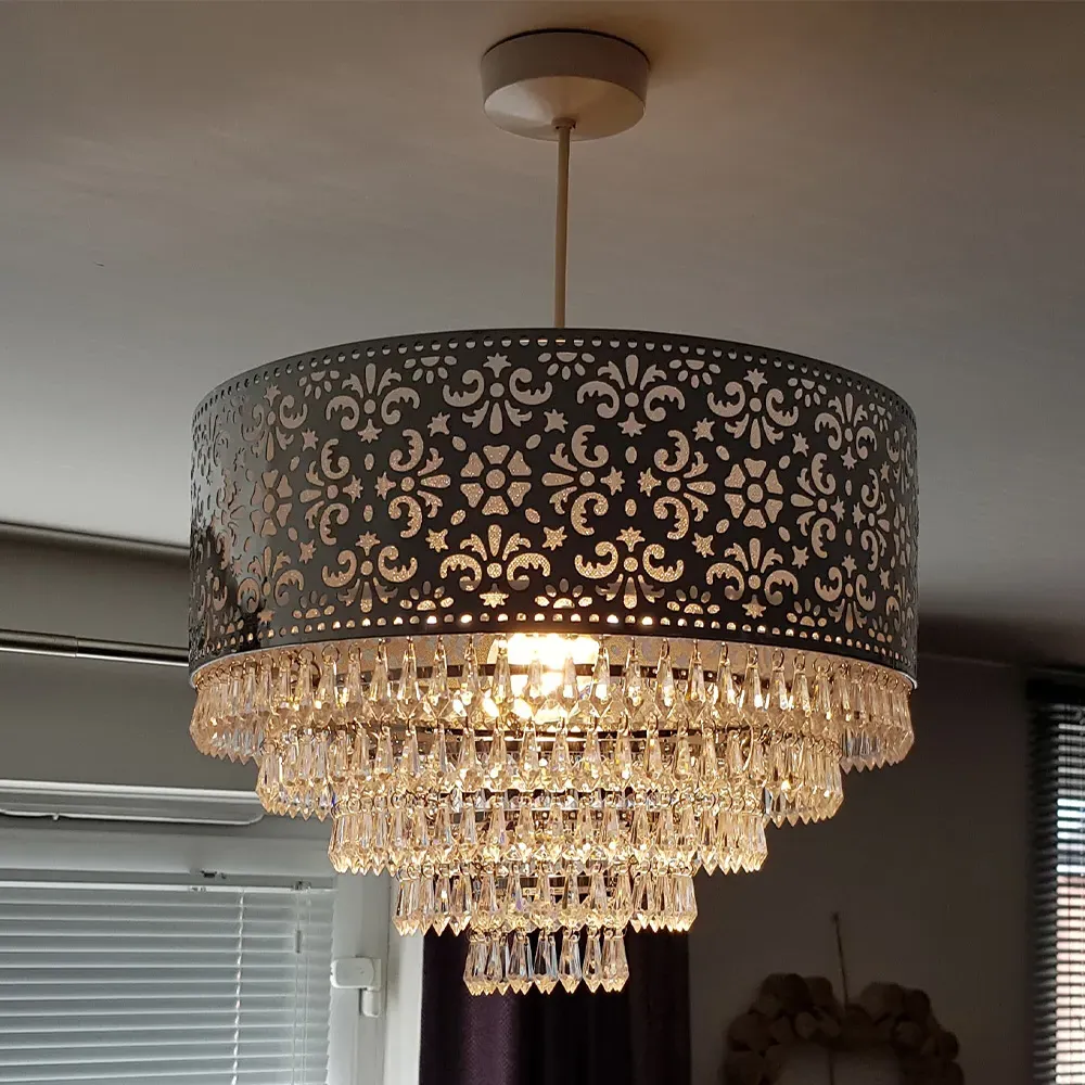 Chrome Cutout Drum Shade Beaded Tiered Chandelier - Silver