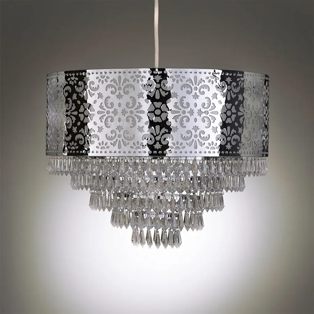 Chrome Cutout Drum Shade Beaded Tiered Chandelier - Silver
