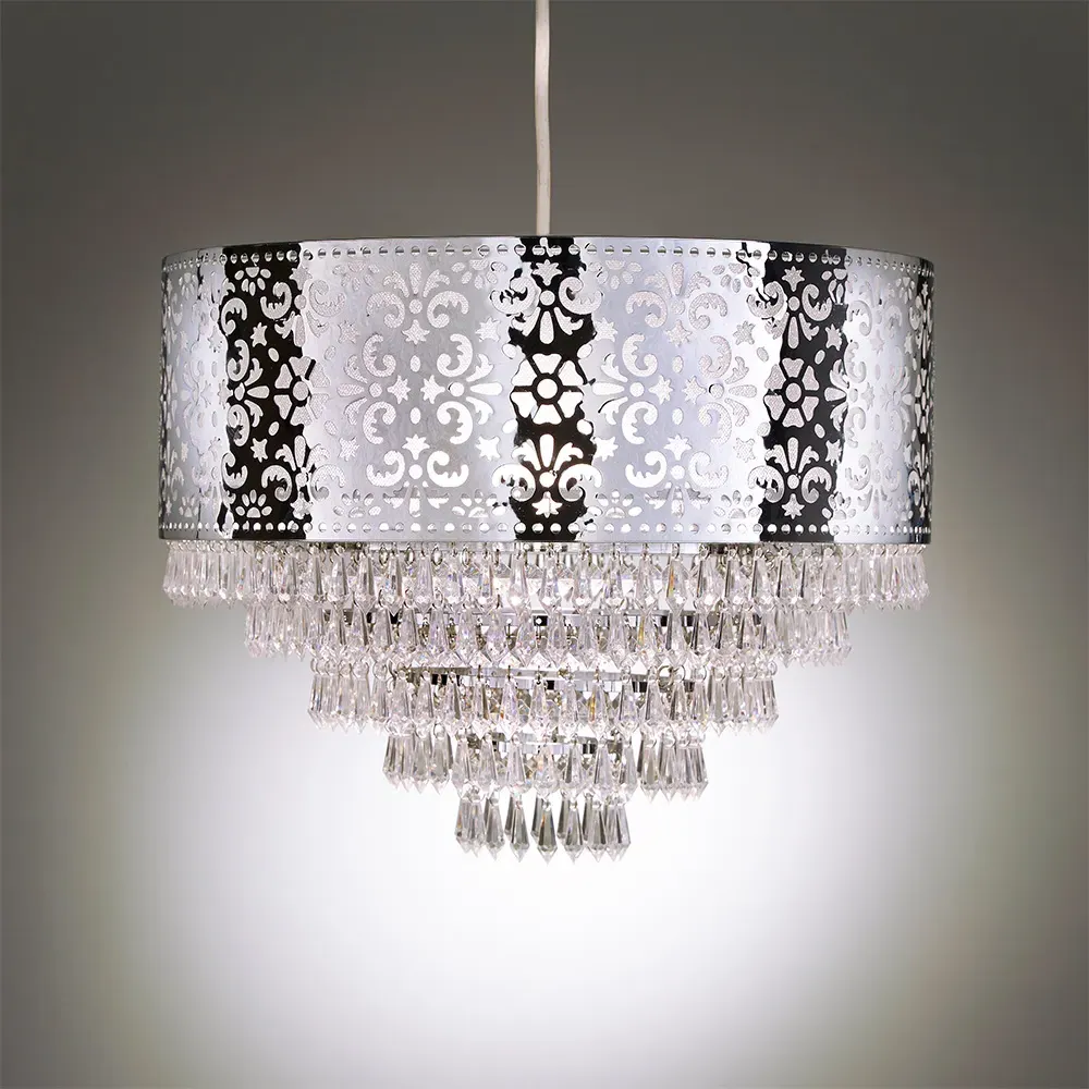 Chrome Cutout Drum Shade Beaded Tiered Chandelier - Silver