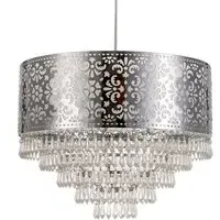 Chrome Cutout Drum Shade Beaded Tiered Chandelier - Silver