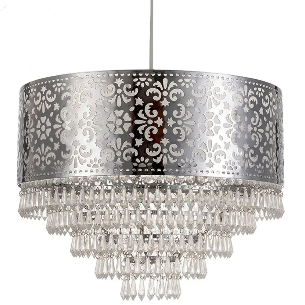 Chrome Cutout Drum Shade Beaded Tiered Chandelier - Silver image