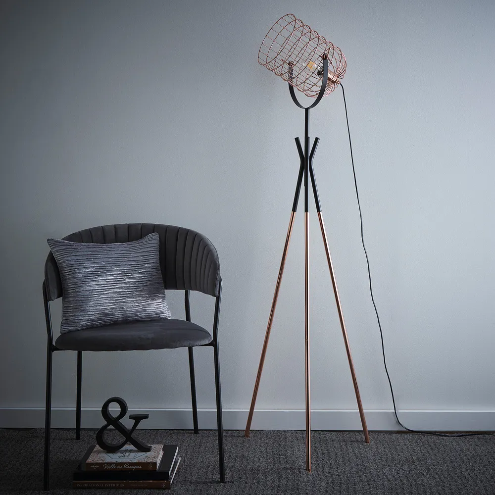Fulton Tripod Floor Lamp with Metal Cage - Black, Copper