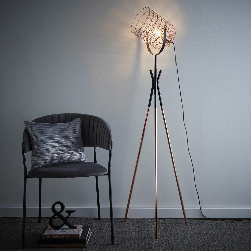 Fulton Tripod Floor Lamp with Metal Cage - Black, Copper