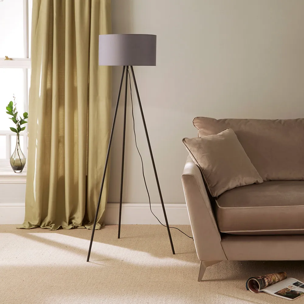 Tripod Floor Lamp with Inline Switch - Grey, Cotton