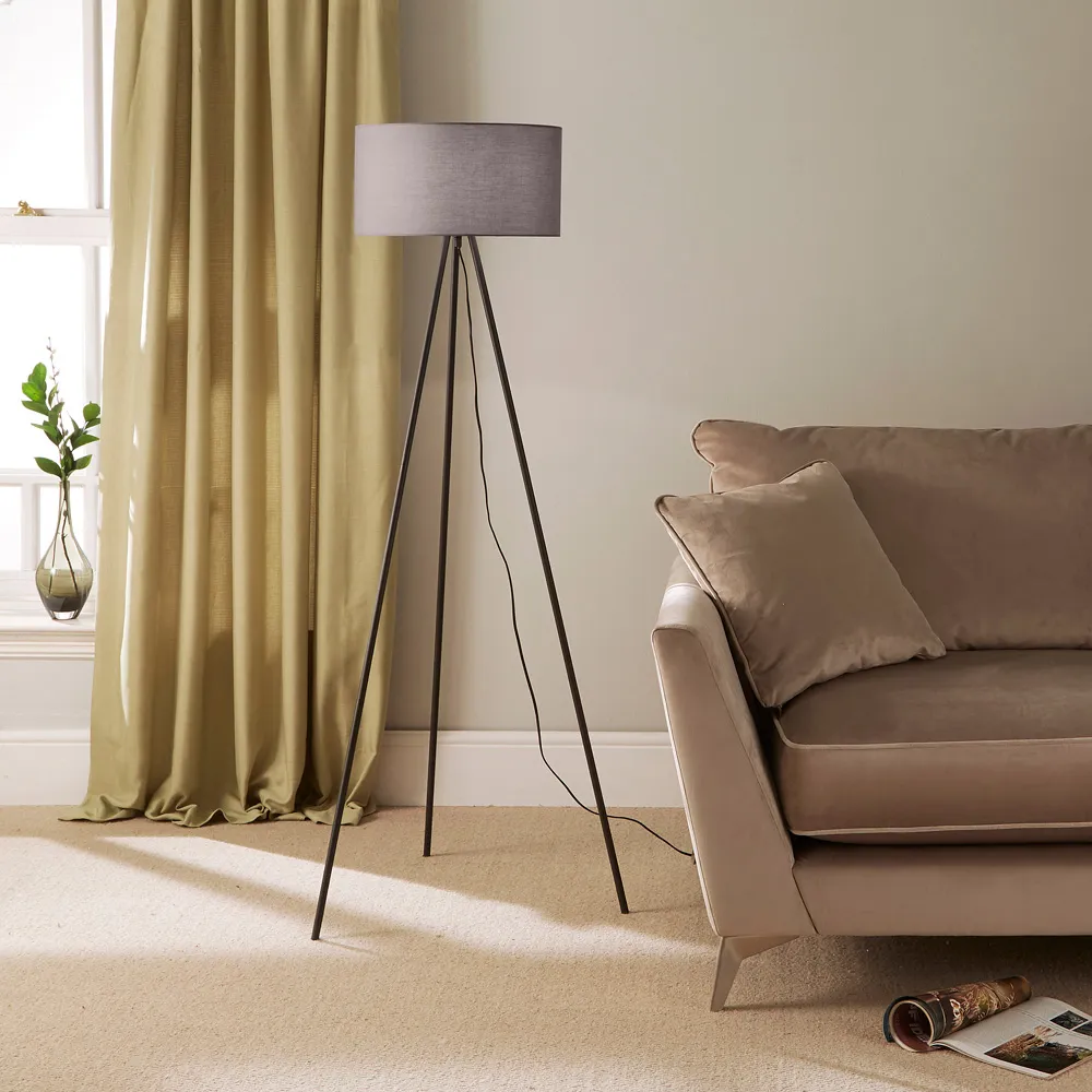 Tripod Floor Lamp with Inline Switch - Grey, Cotton