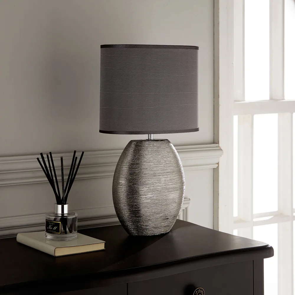 Waltham Ceramic Table Lamp with Satin Shade - Silver