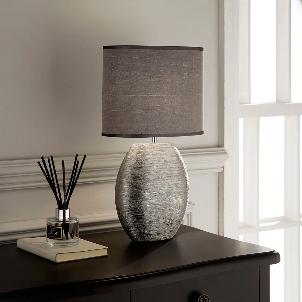 Waltham Ceramic Table Lamp with Satin Shade - Silver