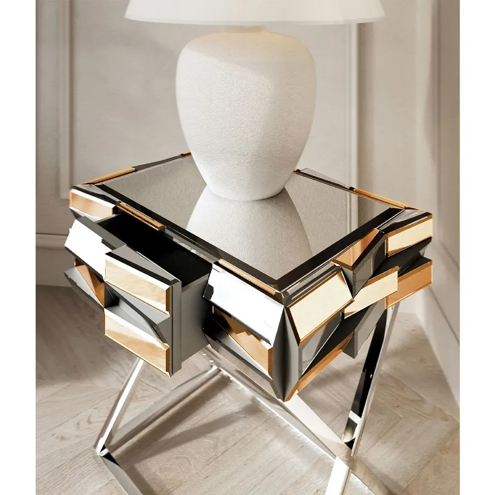 CARME Home Mirrored Side Table with Drawer - Gold